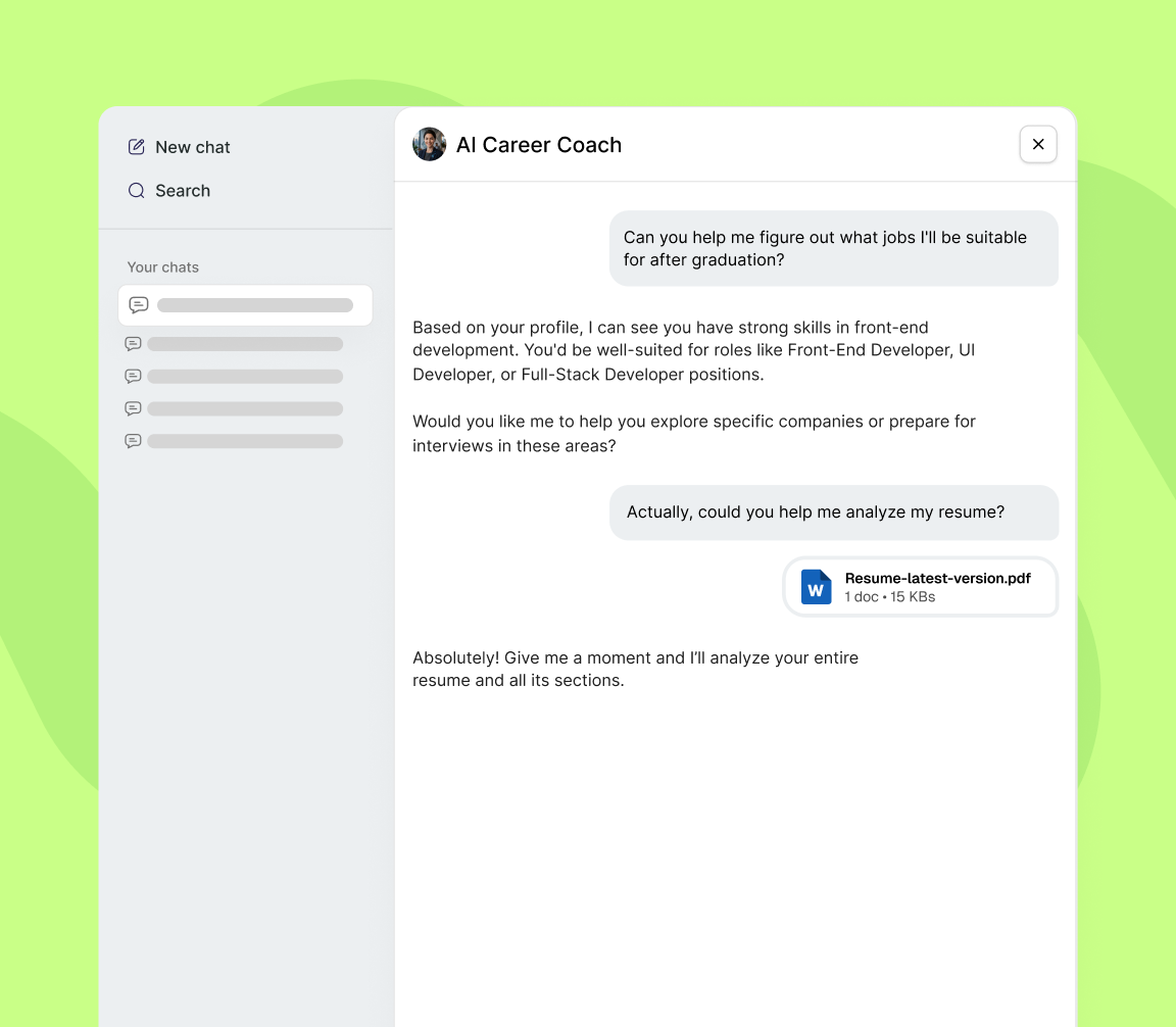 AI career advisor interface helping a workforce participant with resume review and interview prep