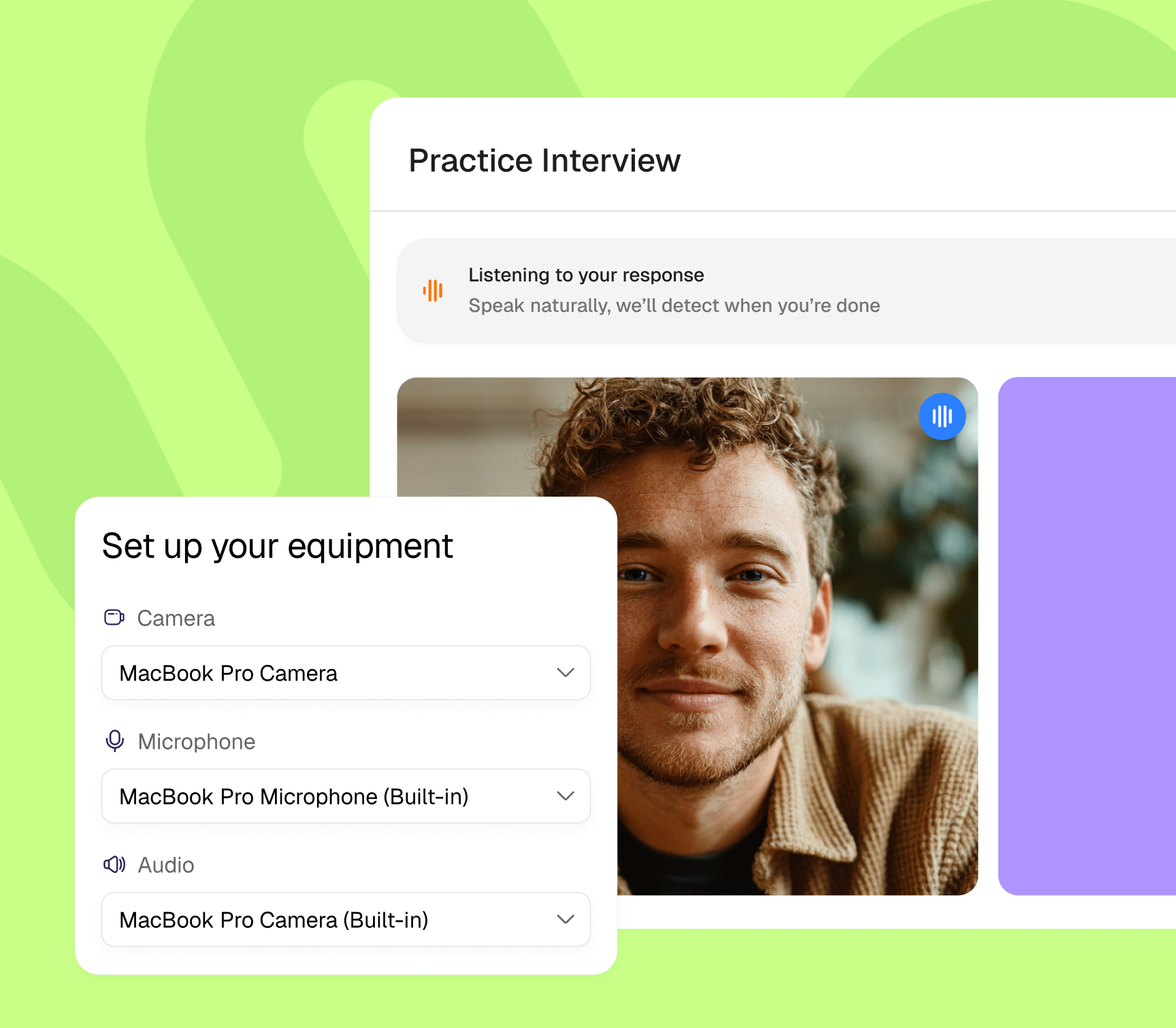 Equipment setup screen for AI mock interview with camera and microphone selection