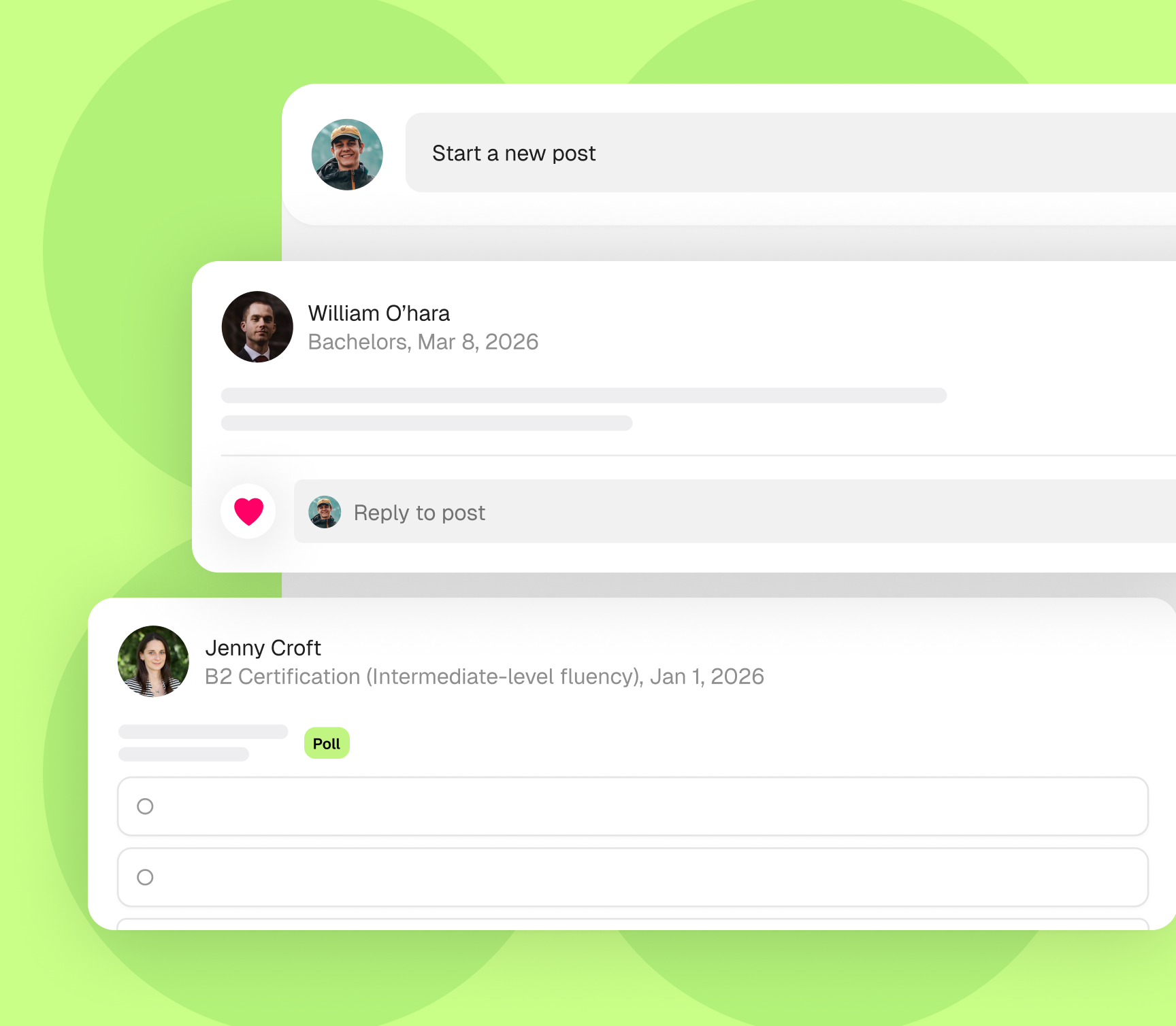 Community Feeds interface showing organized social feeds with segmented filters