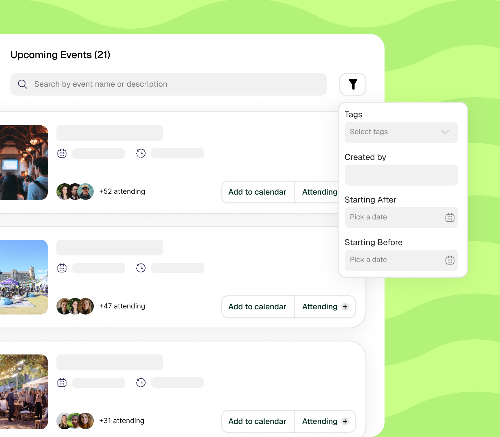 Event management interface with registration, attendees, and calendar sync