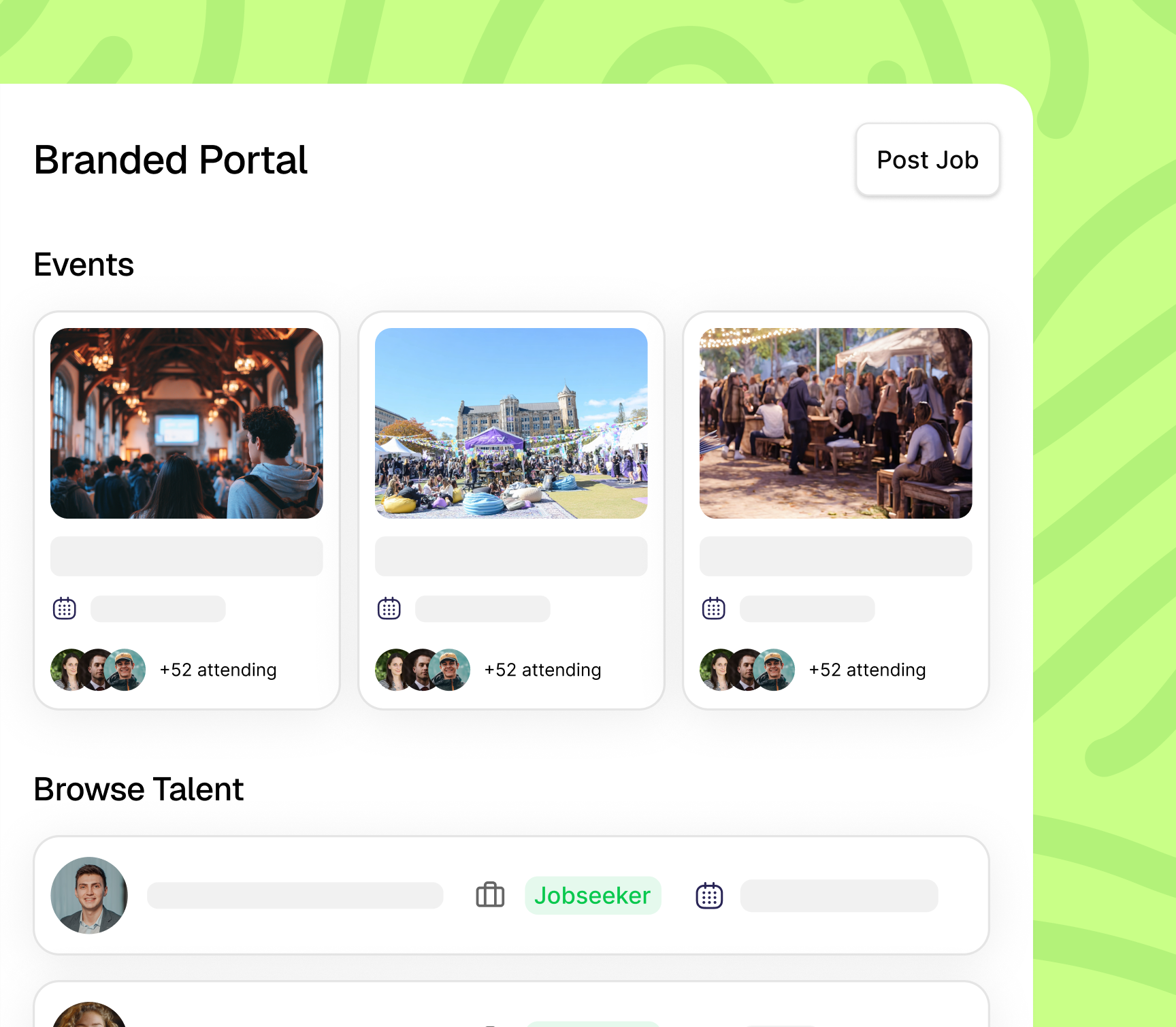 Branded employer portal with job posting, talent browsing, and events