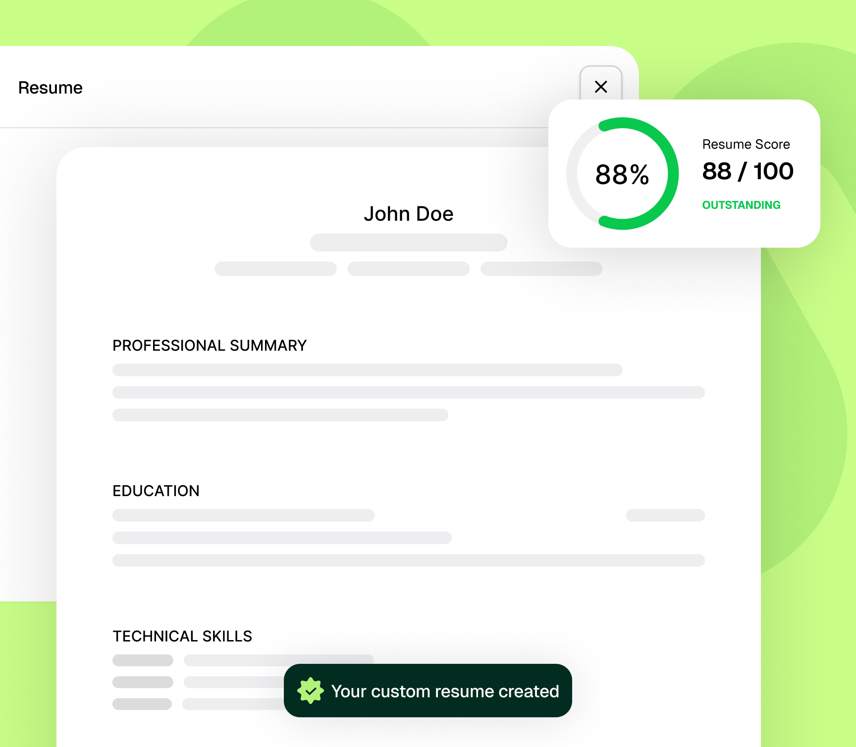 AI Resume Builder showing tailored resume generation from job description